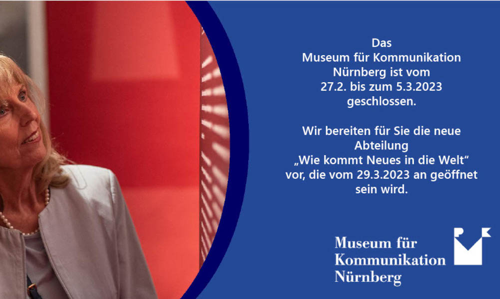 mfk_nuernberg's tweet photo. Das @mfk_nuernberg ist bis zum 5.3.23 geschlossen, wir starten mit dem Bau unserer neuen Abteilung „Wie kommt Neues in die Welt?“ zu #Journalismus und #Medien, geöffnet ab 29.3.2023. Das @dbmuseum im gleichen Haus bleibt geöffnet. @AB_Hornung @Nuernberg_Info @NuernbergKultur https://t.co/CUHsvuy8yt