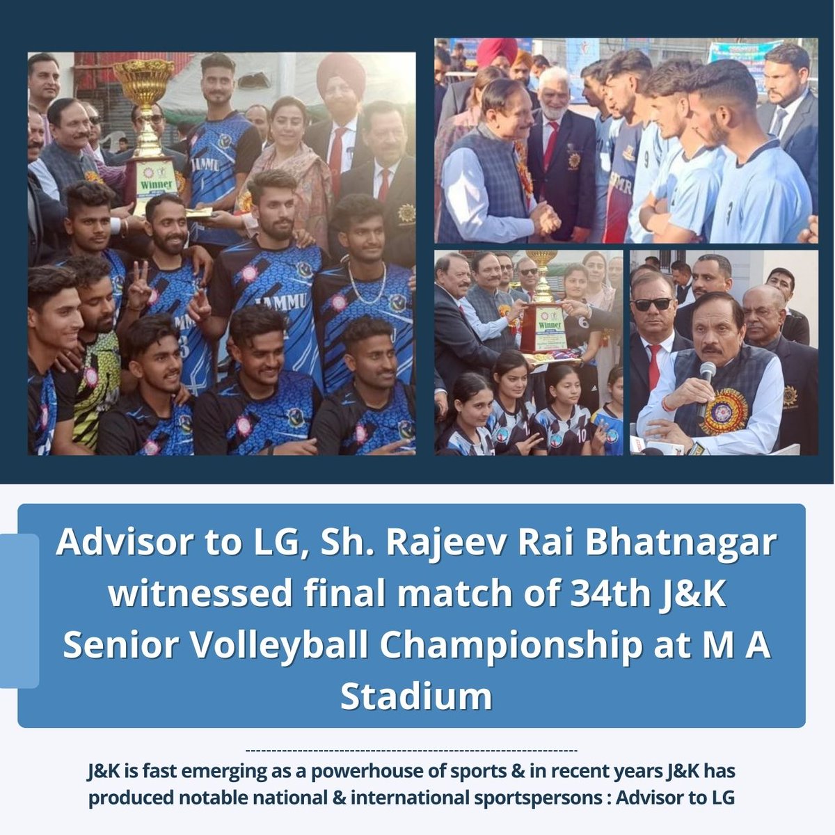 Advisor to LG, Sh. Rajeev Rai Bhatnagar witnessed final match of 34th J&K Senior Volleyball Championship at M A Stadium; says J&K is fast emerging as a powerhouse of sports & in recent years J&K has produced notable national & international sportspersons. @PMOIndia @IndiaSports