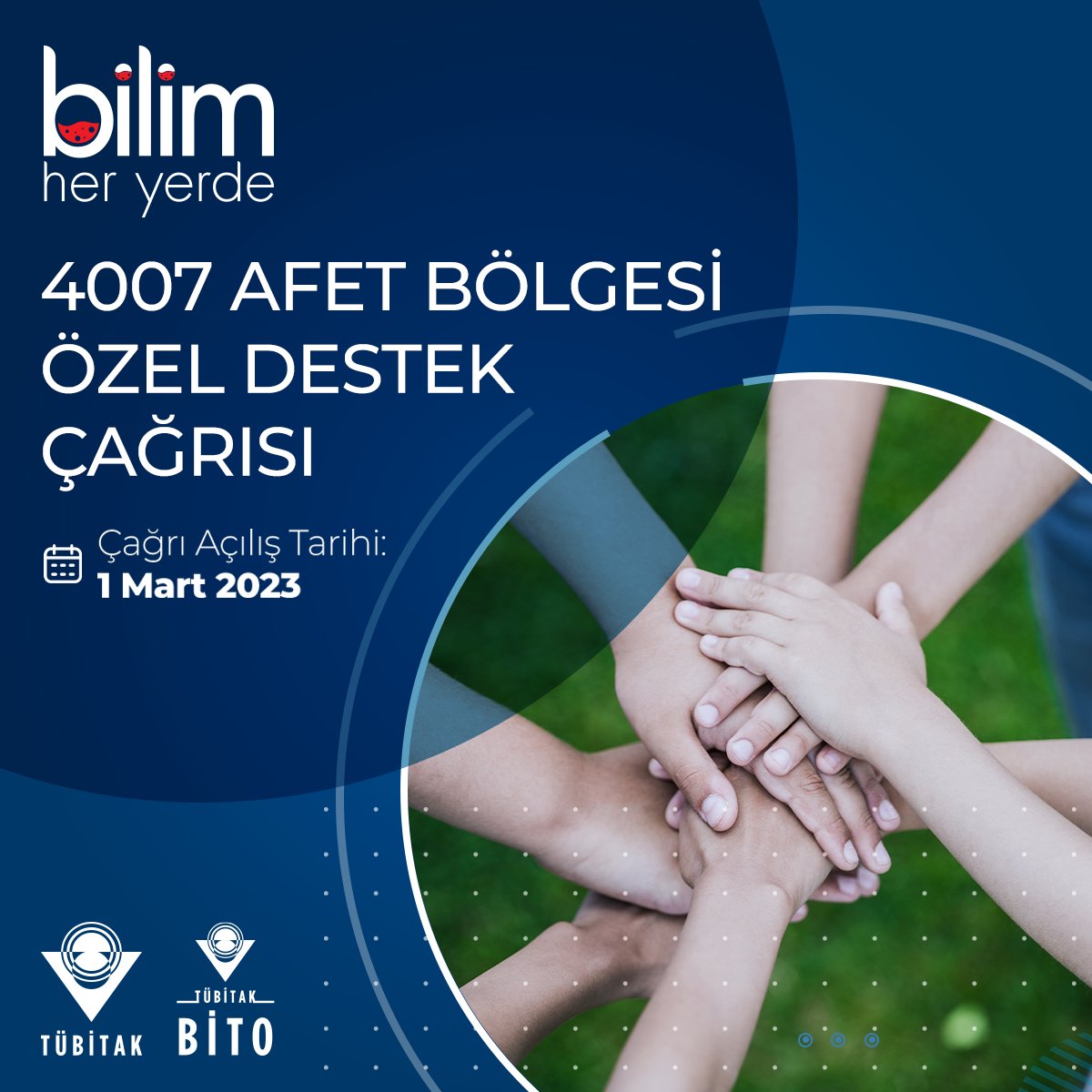 "Bilim Her Yerde" Özel Destek Çağrımızı Açıyoruz! 🧪

Afet bölgesinde, okul öncesinden liseye; öğrencilerimize yönelik atölye ve etkinlik yapmayı hedefleyen projeler desteklenecek. 👩‍🏫👨‍🔬

Yaraları bilimle saracağız, 
#BilimleBirlikteBaşaracağız ❤️

tubitak.gov.tr/tr/duyuru/4007…