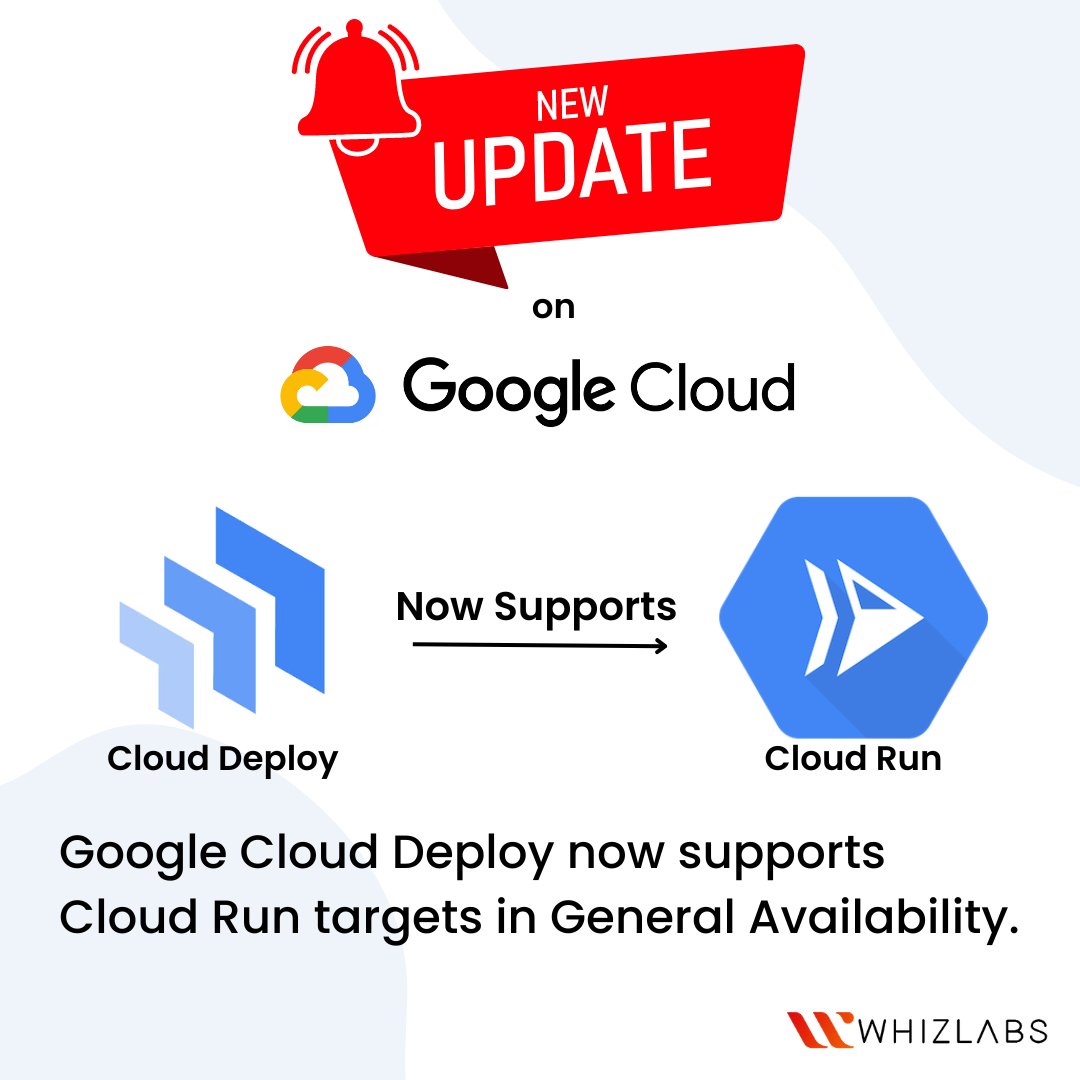WhizlabsIndia's tweet photo. #googlecloud New Announcement📢
📌 Google #clouddeployment 🛠️ now supports Cloud Run targets - https://t.co/M5hY793ZPd
📌 #cloudworkstations now supports Customer Managed Encryption Keys🗝️CMEK), - https://t.co/TaZ6aDL7R5
#cloud #announcement #google #gcp #updates #workstations https://t.co/hcK9Xn8Foh