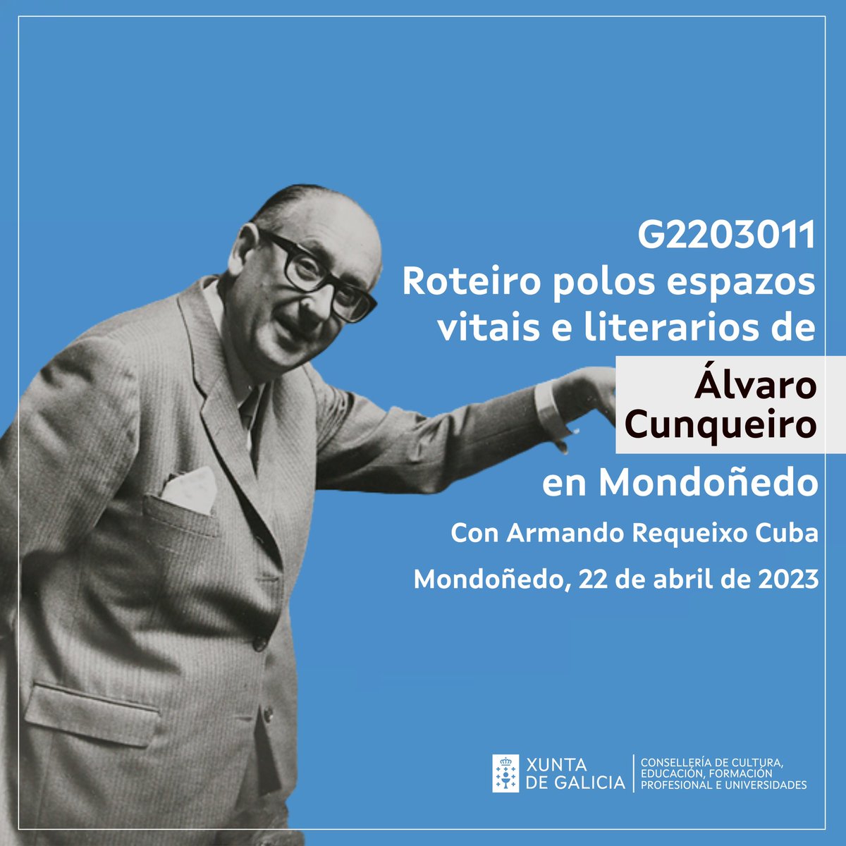 Hoxe é o cabodano de Álvaro Cunqueiro, que segue e seguirá entre nós mil primaveras máis. Se queredes recordalo e vos presta facelo na súa terra, convídovos a que vos anotedes neste roteiro que guiarei xunto ao meu bo amigo <a href="/xcarlosrope/">Carlos Rodríguez Pérez</a> do <a href="/CAFIgalicia/">CAFI</a>