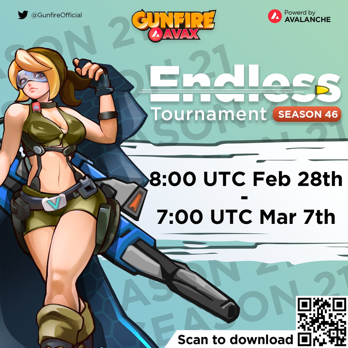 xantus_ai's tweet photo. [GUNFIRE AVAX] 

🔥🔥It's time to join the new race!! 

Gunners, the 46th season is LIVE NOW. Select your weapon and turn in the battle to get the rewards by ranking high on the Leaderboard.

For more information 👉https://t.co/iUMxtc9CkT

#gunfireavax #season46 https://t.co/Veq1D7lnpa
