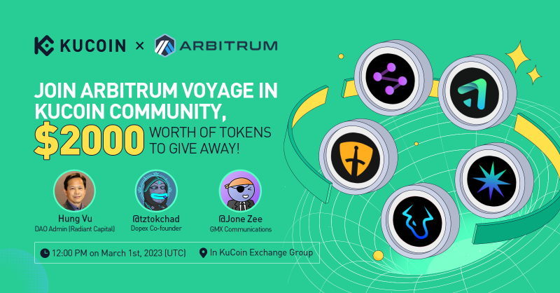 kucoincom's tweet photo. Join @arbitrum Voyage in #KuCoin Community, $2,000 Worth of Tokens to Give Away!

⏰ Date: 12:00 PM on March 1, 2023 (UTC)
📍 AMA Venue: https://t.co/tGuGCYHDtg
💰 Total Rewards: 3,600 $RDNT &amp; 2.6 $DPX

Read More: https://t.co/UKspTeWP9z

📢 Join the pre-AMA activity ⤵️