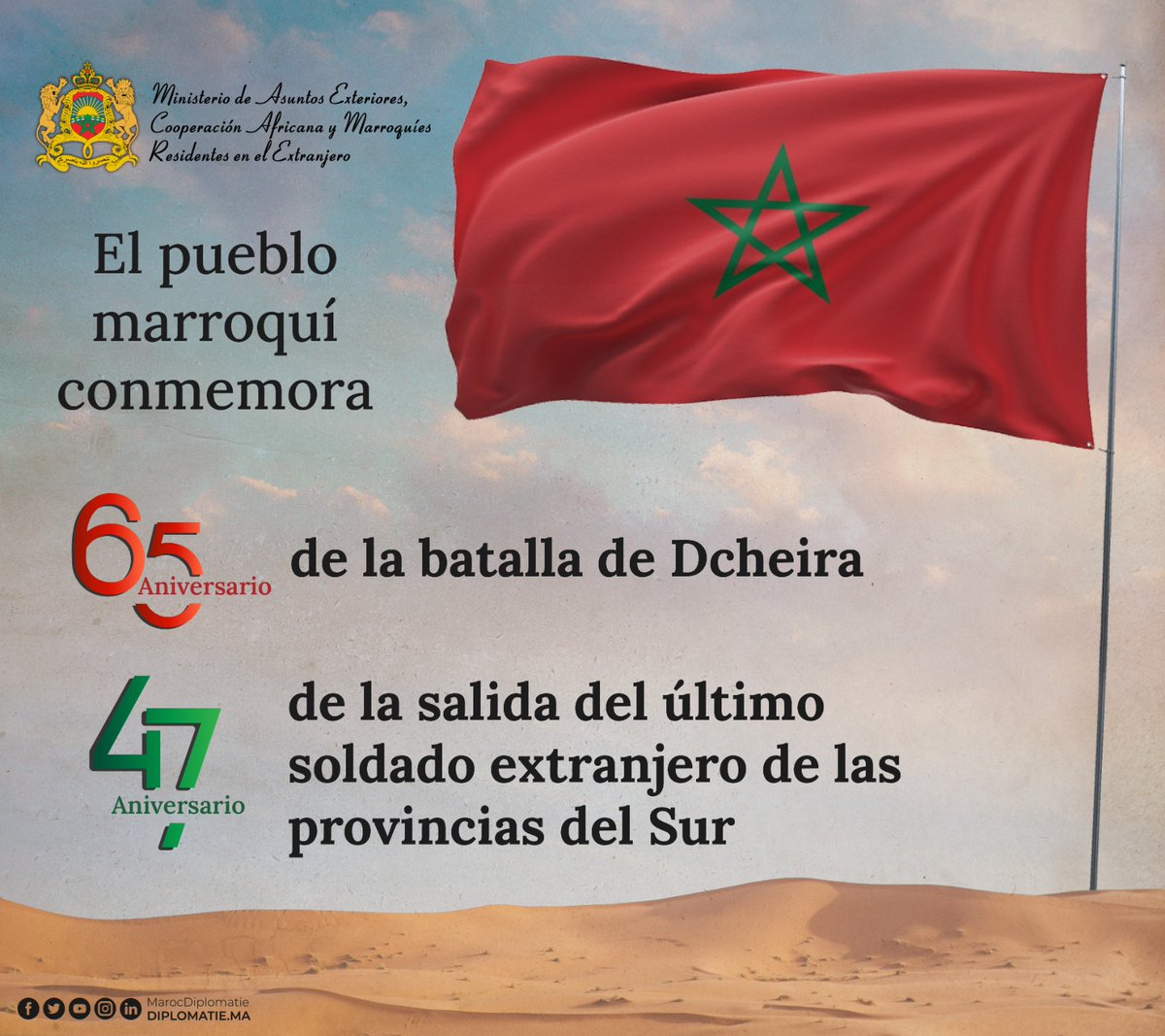 DiplomaciaM's tweet photo. El pueblo marroquí conmemora, los días 28 de febrero, 1 y 2 de marzo de 2023, en un clima de orgullo y patriotismo, el 65º aniversario de la batalla de Dcheira, coincidiendo con el 47º aniversario de la salida del último soldado extranjero de las Provincias del Sur. https://t.co/D2IrTGv4wc