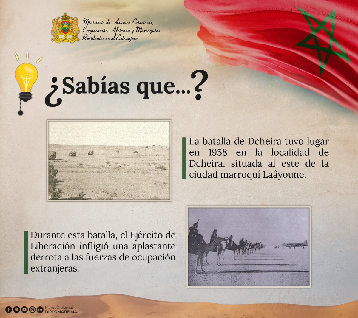 DiplomaciaM's tweet photo. El pueblo marroquí conmemora, los días 28 de febrero, 1 y 2 de marzo de 2023, en un clima de orgullo y patriotismo, el 65º aniversario de la batalla de Dcheira, coincidiendo con el 47º aniversario de la salida del último soldado extranjero de las Provincias del Sur. https://t.co/D2IrTGv4wc