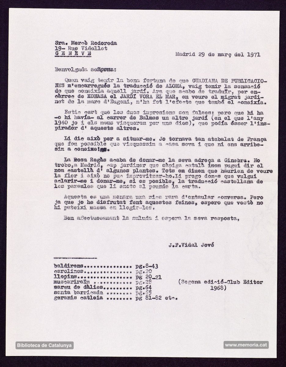 MemoriaCat's tweet photo. Publiquem una carta inèdita de Mercè Rodoreda, on respon els dubtes del #manresà Joan Francesc Vidal Jové sobre com havia de traduir al castellà el nom d’algunes plantes de la seva obra “Jardí vora el mar”: https://t.co/pDHoioCIbJ
#MercèRodoreda https://t.co/MBK9LJRfw7