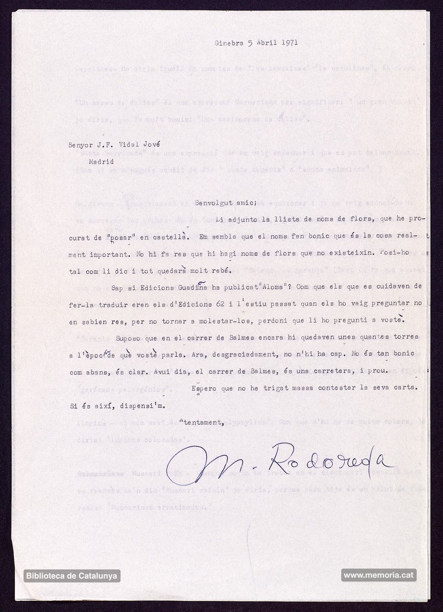 MemoriaCat's tweet photo. Publiquem una carta inèdita de Mercè Rodoreda, on respon els dubtes del #manresà Joan Francesc Vidal Jové sobre com havia de traduir al castellà el nom d’algunes plantes de la seva obra “Jardí vora el mar”: https://t.co/pDHoioCIbJ
#MercèRodoreda https://t.co/MBK9LJRfw7