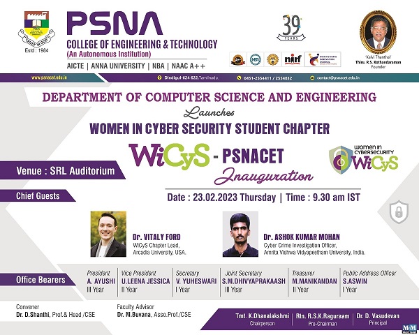 csepsnacet's tweet image. PSNACET is now a part of Women in Cybersecurity(WiCyS). Inauguration of WiCyS-PSNACET student chapter.
@raguraamrsk  @shanthi1971  @psnacetofficial  
#womenempowerment  #cybersecurity  #CSE  #event
