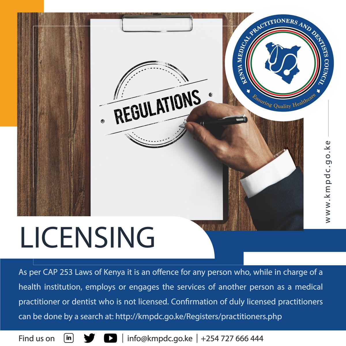 As per CAP 253 Laws of Kenya it is an offence for any person who, while in charge of a health institution, employs or engages the services of another person as a medical practitioner or dentist who is not licensed.