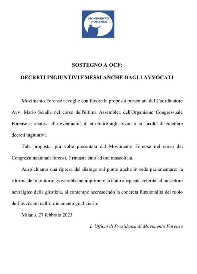 Movforense's tweet image. Comunicato di MF #decretoingiuntivo #Avvocati #OCF @alalumia @MCesali @radiotribunale