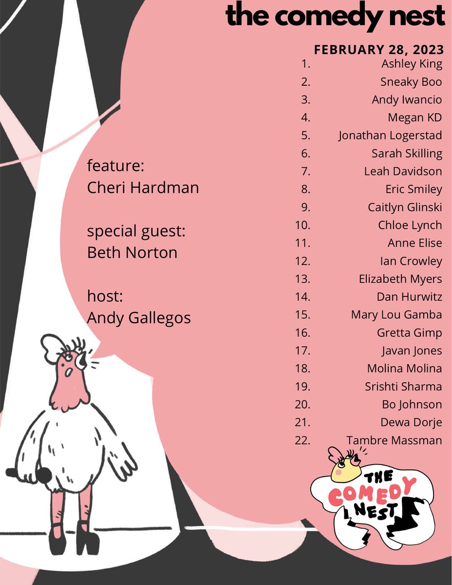ComedyNestSEA's tweet photo. This week at The Comedy Nest, @CheriHardman will crack you up and we also have an amazing Special Guest, Beth Norton. Andy Gallegos will be hosting! Be there on time cuz  we’re starting at 8 pm! Doors at 7:30 @RendezvousSea 

The producer for this evening is @TamboMcambo https://t.co/NGaRyMEdy7