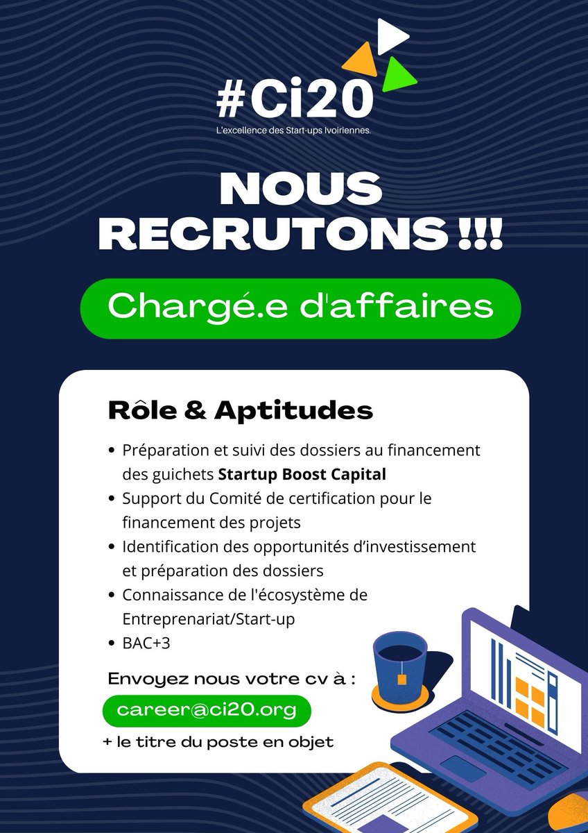 📢DEADLINE: 15 MARS 2023 📢 Le #Ci20 RECRUUUTE 🇨🇮 !!! Mettez votre expérience et votre expertise au service de l'entrepreneuriat,  de l'innovation et des Start-ups 🇨🇮 ?

<a href="/EmploiJeunesci/">Agence Emploi Jeunes</a>