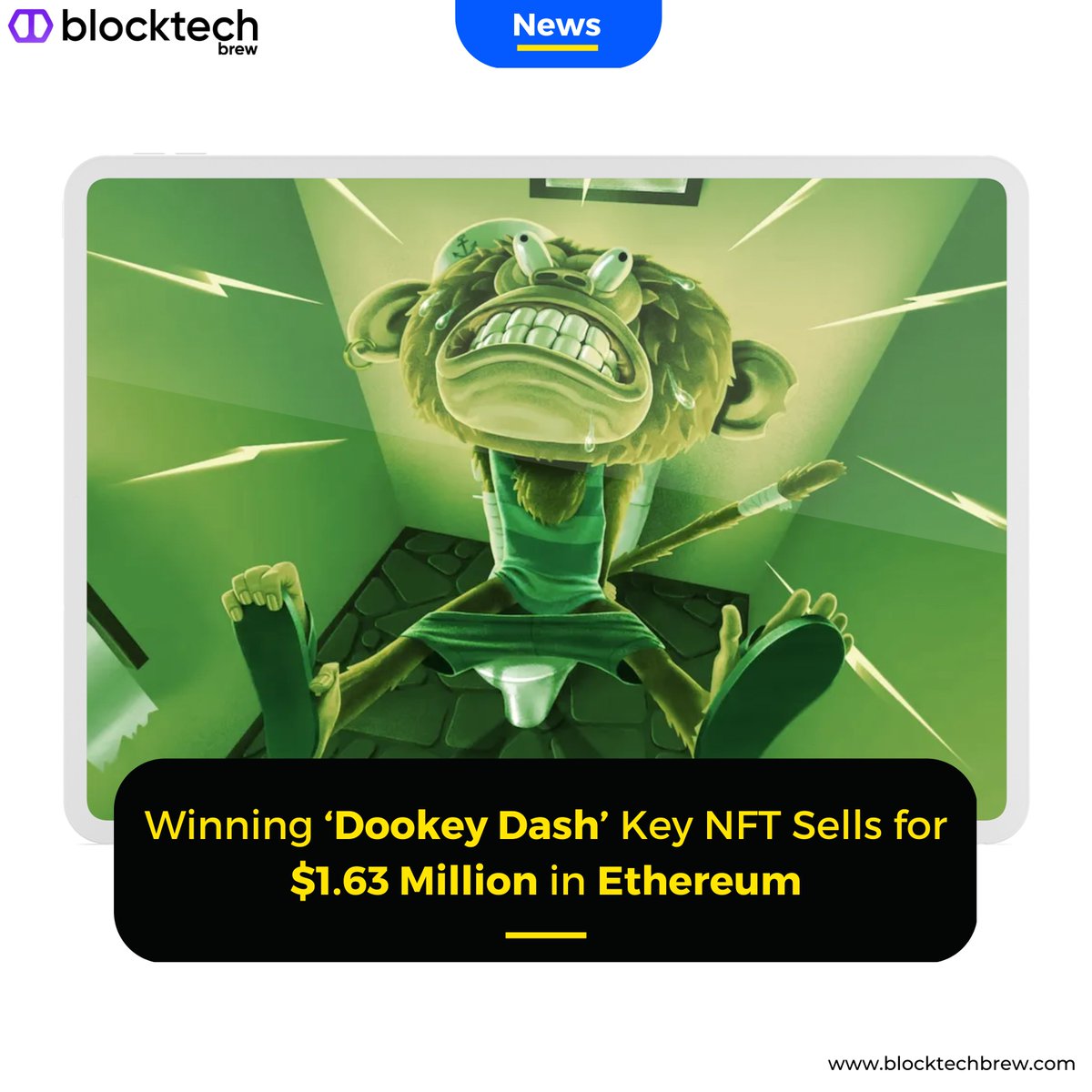 blocktechbrew's tweet photo. "Dookey Dash" key NFT has sold for 1,000 ETH, or $1.63 million by Esports player Kyle "Mongraal" Jackson to Adam Weitsman.
#Blocktechbrew #Blockchain #Blockchaintechnology #NFT #NFTCommunity https://t.co/vUJISxIFFo