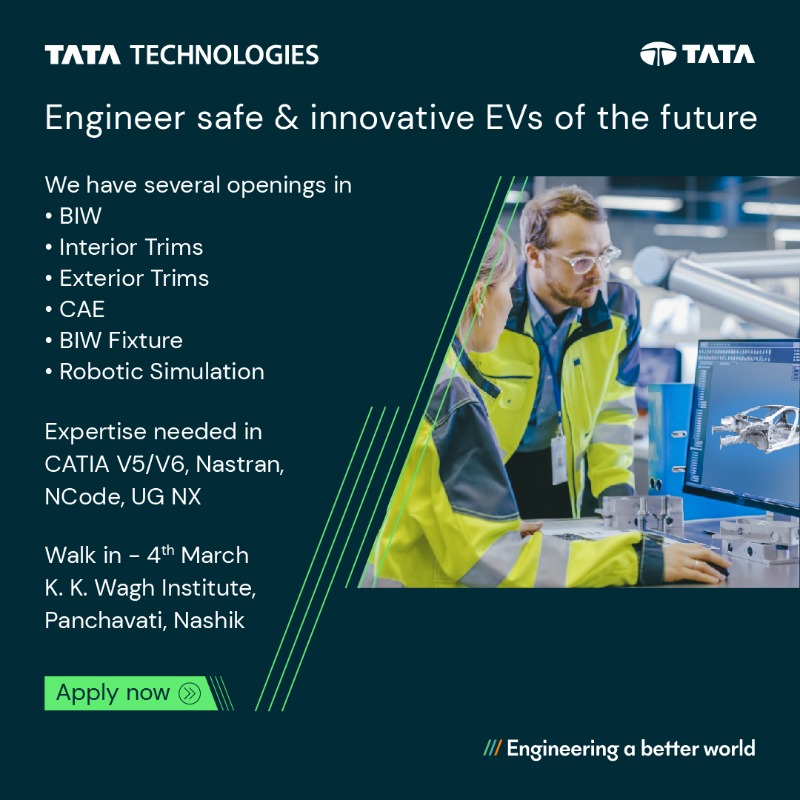TataTech_News's tweet photo. #WeAreHiring - We plan to hire 100+ #CAE &amp; #BodyEngineering innovators. Are you keen to collaborate with the best &amp; brightest🙋💡 in the business?

#ComeJoinUs in #EngineeringABetterWorld - https://t.co/2NpAYAxYoe

Walk in at #Nashik on 4th March

#tatatechnologies