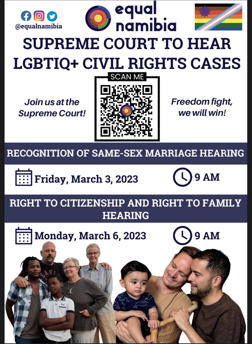 EqualNamibia's tweet photo. 🚨JOIN US AT SUPREME COURT🚨
This is what democracy looks like. We have this once in a generation chance to stand on the right side of history, join us! 🏳️‍🌈🇳🇦🏳️‍⚧️
•Gathering at 9AM; 
•Hearing at 10AM;
•Court appropriate attire: no jeans &amp; long sleeves preferred https://t.co/wqK1NokcKQ