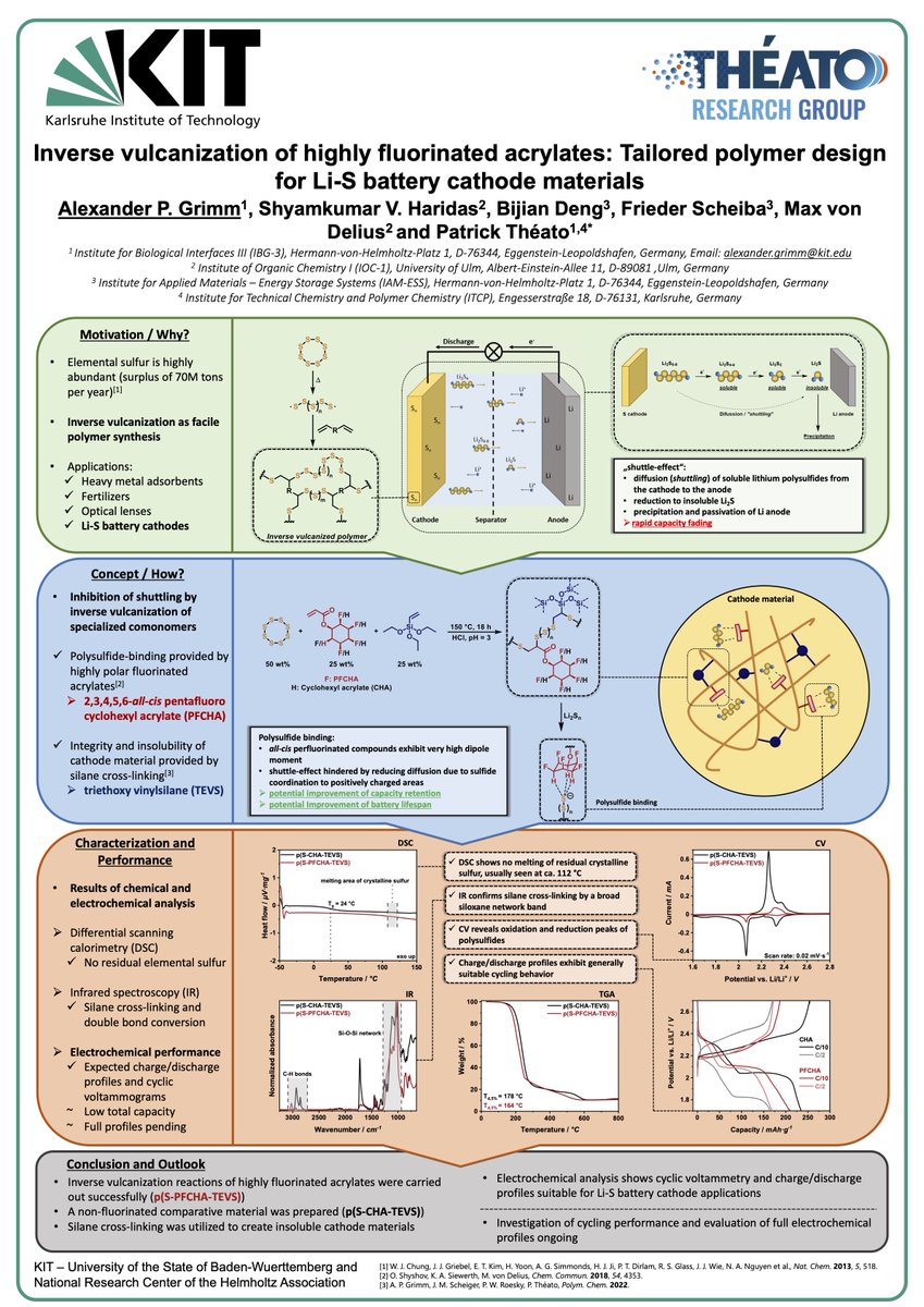 Alex presenting his #RSCPoster “Inverse vulcanization of highly fluorinated acrylates: Tailored polymer design for Li-S battery cathode materials”. Great new polymer materials #RSCMat for energy storage #RSCEnergy. Joint work with @mvdelius and F. Scheiba.