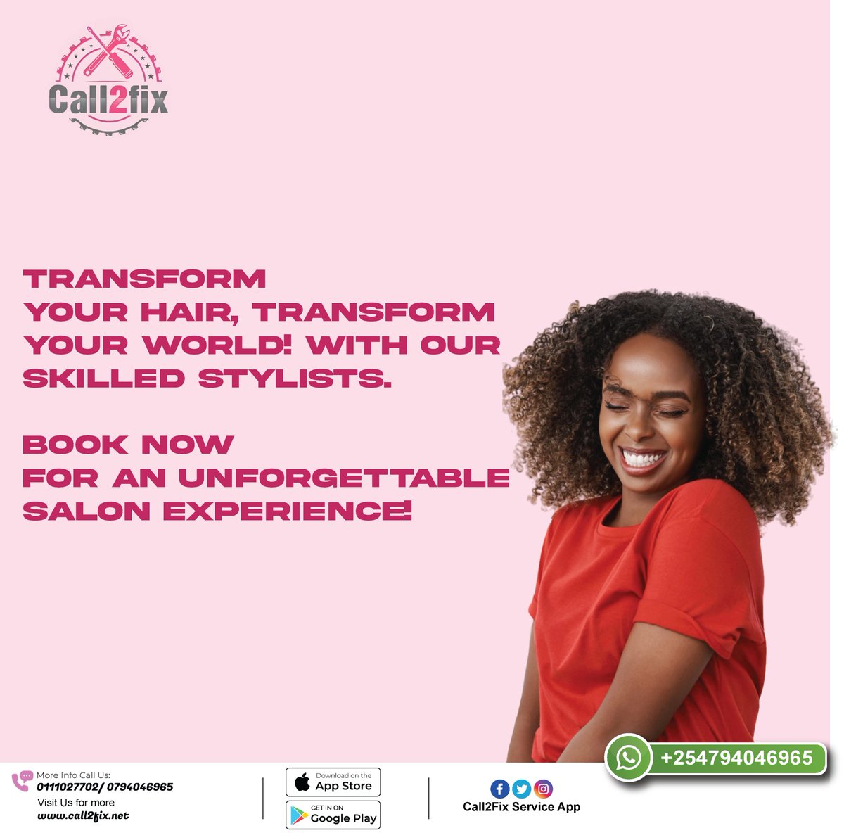Call2fix_Kenya's tweet photo. Transform your hair, transform your world! With our skilled stylists. Book now
for an unforgettable salon experience!

Download our app at:
https://t.co/MdFKYhiiP3
https://t.co/TzTK92apEV...
#serviceapp #call2fix https://t.co/quyuNb3Np2