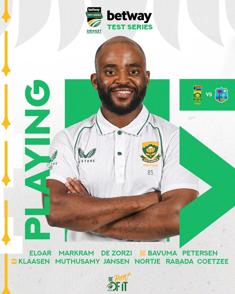 TEAM ANNOUNCEMENT 🚨

2⃣ debutants
🧢 Tony de Zorzi and Gerald Coetzee make their Test debuts
🏏 Captain Temba Bavuma has won the toss and will bat first

🗒️ Ball by ball bit.ly/3NTr9kE
📺 SuperSport Grandstand 201

#SAvWI #BePartOfIt