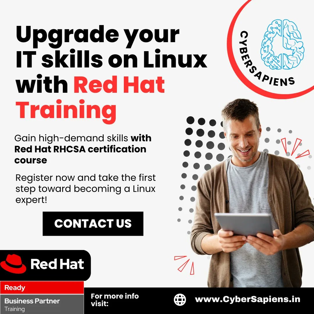 'Upgrade your IT skills on Red Hat Training'

CyberSapiens
buff.ly/3ICcUzu

#cybersapiens #redhat #redhatlinux #redhatpartners #linux #android #redhattraining #redhatcertification #redhatenterpriselinux #redhatlinux #redhattrainingpartners #redhatcourse #cyber