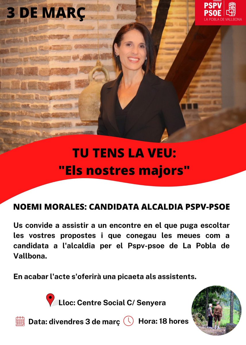 Noemi61038044's tweet image. 📢REUNIÓ AMB MAJORS

📅Divendres 3 març
🕦18 hores
📍Centre Social carrer Senyera

🌹Amb motiu d'informar-vos sobre aquesta convocatòria, "Tu tens la veu", part de l'equip del @PSPV_PVallbona  ahir vam instal.lar un punt d'informació al Mercat. 
 #viurelapobla #LPV