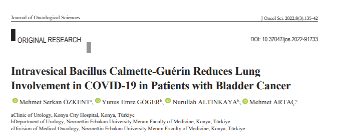 Journal of Oncological Sciences (@ofoncological) on Twitter photo Intravesical Bacillus Calmette-Guérin Reduces Lung Involvement in COVID-19 in Patients with Bladder Cancer
🔹215 patients (130 patients received BCG)
In those administered BCG;
Hospitalization for COVID-19⬇️
Pulmonary involvement⬇️
Dyspnea⬇️
journalofoncology.org/current-issue/… Intravesical Bacillus Calmette-Guérin Reduces Lung Involvement in COVID-19 in Patients with Bladder Cancer
🔹215 patients (130 patients received BCG)
In those administered BCG;
Hospitalization for COVID-19⬇️
Pulmonary involvement⬇️
Dyspnea⬇️
journalofoncology.org/current-issue/…