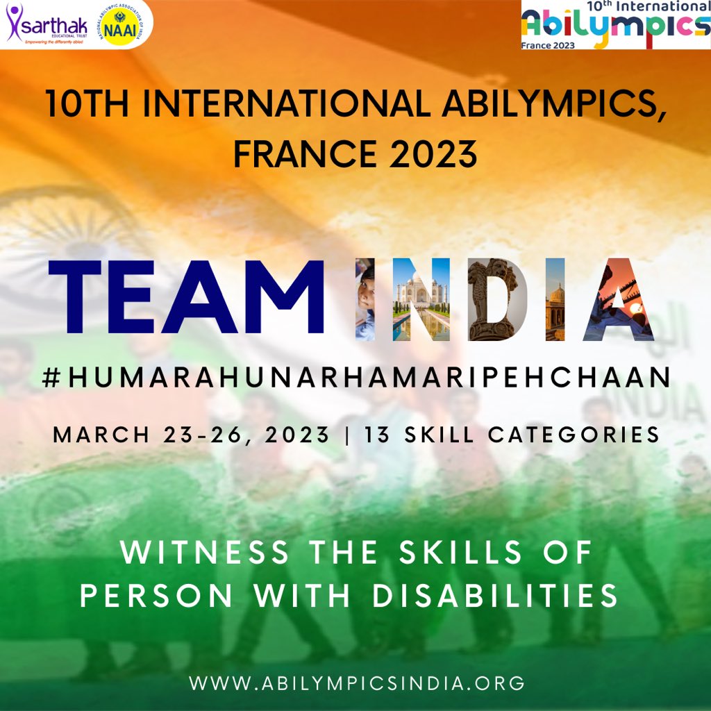 SarthakEducati2's tweet photo. #HumaraHunarHamariPehchaan
Our #TeamIndia is preparing day & night to represent the country at 10th International Abilympics, France 2023.
Letโs cheer & support them. ๐ฎ๐ณ๐ฎ๐ณ
Visit https://t.co/MDD3L9QtmK
#Abilympics2023 #InternationalAbilympics #AbilympicsFrance #SupportNAAI https://t.co/iXPMkeJtq2