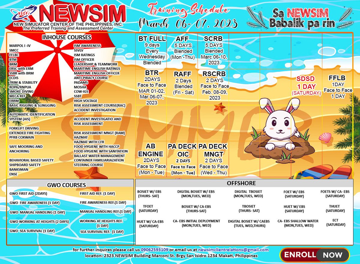 NEWSIMph's tweet photo. Training Schedule Mar 6-10,2023
You may contact us at 09084404323/09493535123
Message our FB page https://t.co/fLd7lBF09u

#OPITO #GWO #MARINA #sdsd #bosiet
#Seafarer #maritime #offshorecourses #maritime #SEAMAN #onlinetraining #maritimeindustry #flexibilitytraining #BT #scrb https://t.co/MZOVqEhh1Z