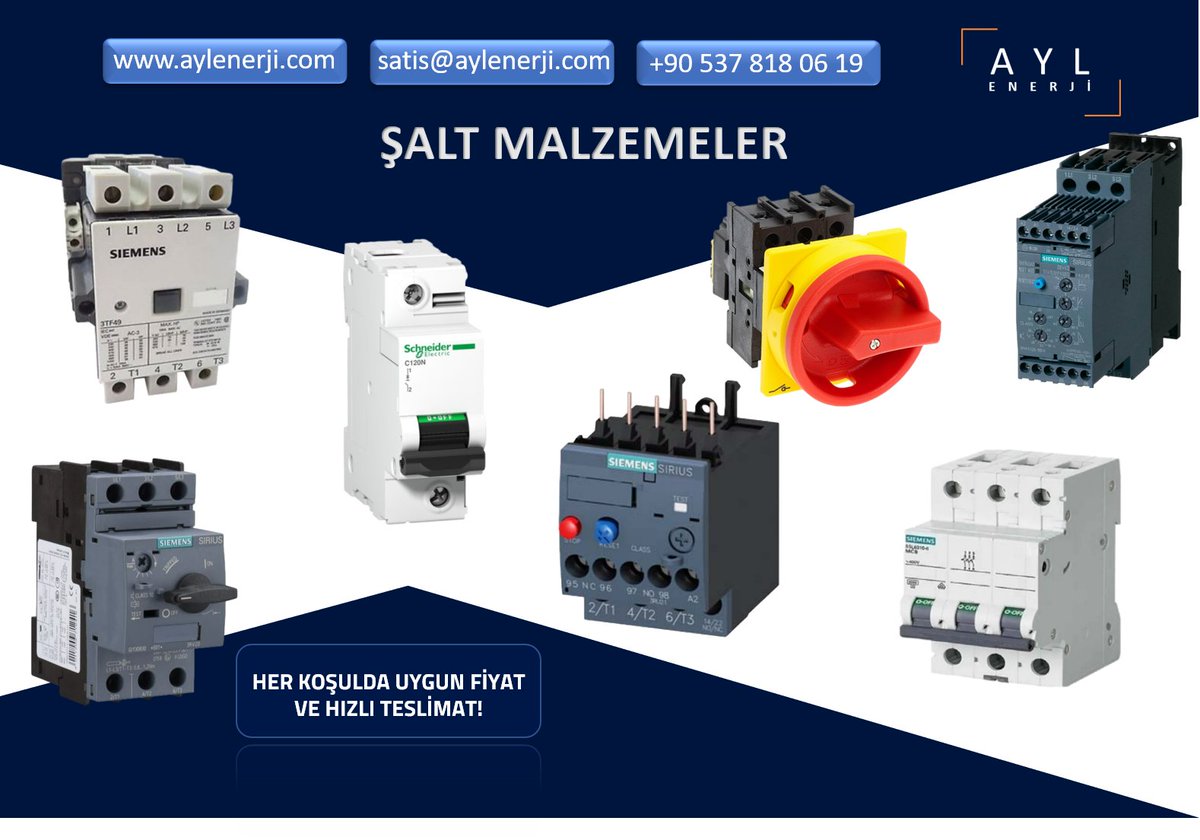 Şalt Malzeme İhtiyaçlarınızda Teklif Almak İçin;
satis@aylenerji.com
aylenerji.com

#elektrikmalzemeleri #sigortalar #röle #ayırıcı #kaçakakımkoruma #devrekesici #elektronik #pano #otomasyon #schneider #plc #siemens #kontaktör #şaltmalzemeler #tedarik #satış  #aylenerji