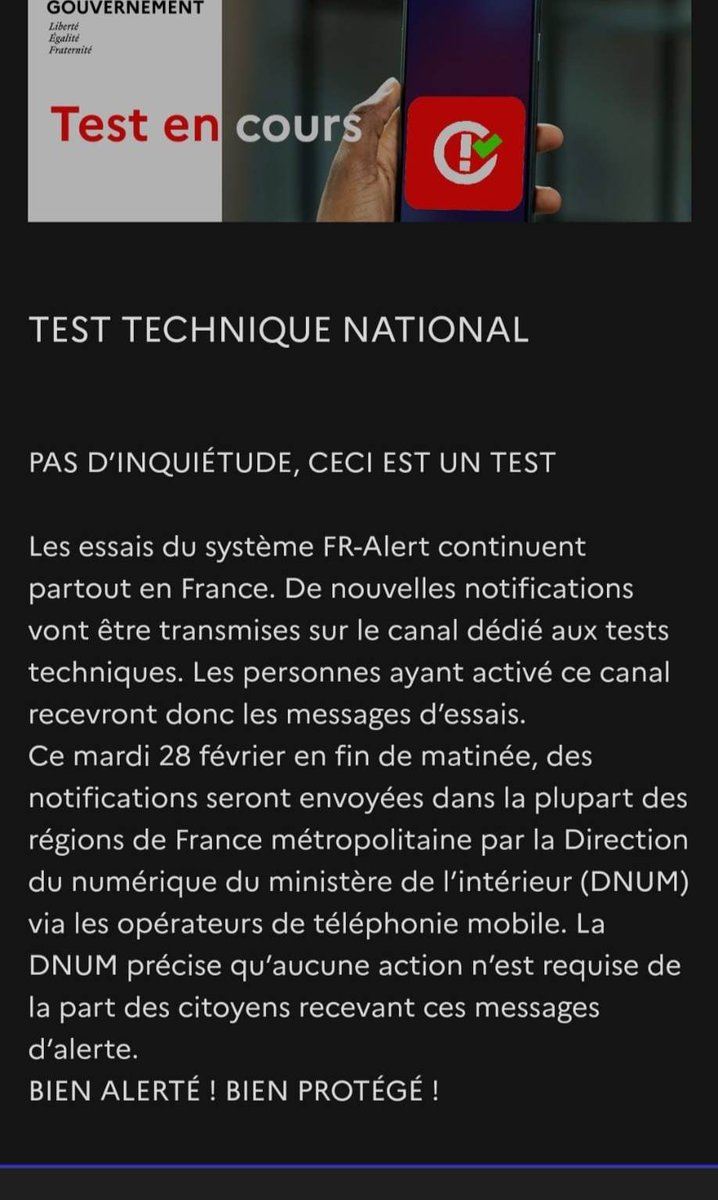 FR-Alert : des messages tests du système d’alerte à la population sont actuellement envoyés sur les téléphones partout en France. #FRAlert