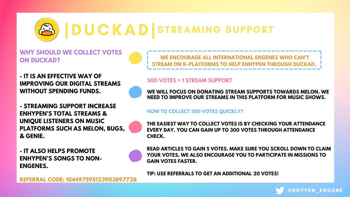 ENHYPEN_ENGENE's tweet photo. Please start collecting votes on DUCKAD. We will need your help to boost our digital streams through this app. Donating streams is FREE! Collect 500 vts to provide 1 stream support towards #ENHYPEN's new title track

Dont forget to check your attendance

@ENHYPEN @ENHYPEN_members https://t.co/5Eh8OR9Ike