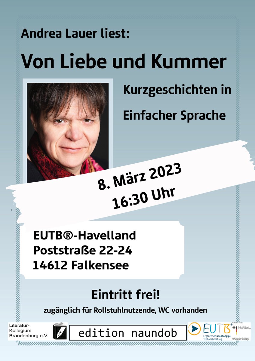 Bald gibt es die Kurzgeschichten von Liebe und Kummer auch als Buch.
Jetzt kann man sie sich von der Autorin vorlesen lassen:

8. März 2023
16:30 Uhr
EUTB®-Havelland
Poststraße 22-24
14612 Falkensee

Die Lesung ist kostenlos.