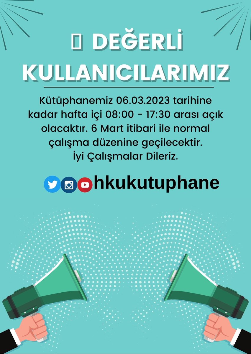 Mütercim Asım Kütüphanesi (@hkukutuphane) on Twitter photo 🔊 Değerli Kullanıcılarımız
Kütüphanemiz 06.03.2023 tarihine kadar hafta içi 08:00 - 17:30 arası açık olacaktır. 6 Mart itibari ile normal çalışma düzenine geçilecektir.
İyi Çalışmalar Dileriz.
<a href="/hkunv/">Hasan Kalyoncu Üniv</a> <a href="/hkukutuphane/">Mütercim Asım Kütüphanesi</a> 🔊 Değerli Kullanıcılarımız
Kütüphanemiz 06.03.2023 tarihine kadar hafta içi 08:00 - 17:30 arası açık olacaktır. 6 Mart itibari ile normal çalışma düzenine geçilecektir.
İyi Çalışmalar Dileriz.
<a href="/hkunv/">Hasan Kalyoncu Üniv</a> <a href="/hkukutuphane/">Mütercim Asım Kütüphanesi</a>