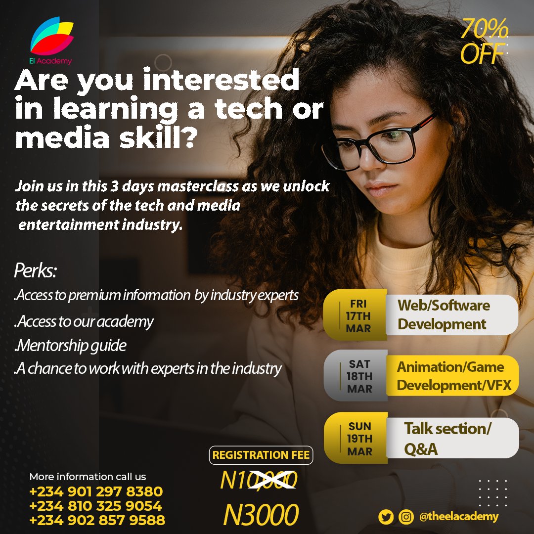 eltechglobal's tweet photo. Felling bored, Are you interested in learning a tech or media skill @theelacademy offers you an opportunity.
Register here-👇👇👇👇 https://t.co/rBzlovu5Fl

Emefiele Remi Tinubu Adeboye #TinubuCannotWin #protest The INEC Yoruba Northerners Enenche https://t.co/8nZUDelJfG