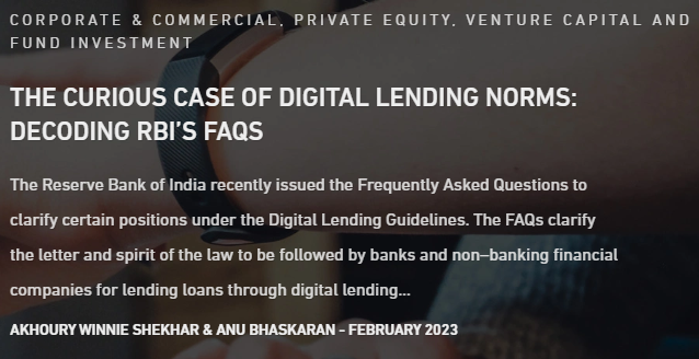 IndusLaw's tweet photo. #IndusLaw’s Winnie Shekhar, Anu Bhaskaran, Asha Sreedhar and Divisha Sharma decode the FAQs issued by #RBI and provide a comprehensive analysis of its applicability on the #DigitalLending Guidelines.
Read more: https://t.co/g8AbufYNGd
#FLDG #RegulatedEntities #NBFCs https://t.co/Vl89IcJvo0