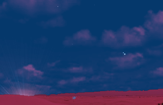 Perryastronomy's tweet photo. Venus/Jupiter get very close! From 1 - 3 March. Show family/tell friends, don't miss. Start watching tonight low in the west after sunset. Venus is the brighter. Closest Thurs,  only 1/2° apart. It'll be a spectacular sight! Appear close  but are 650 million km apart. Naked eye! https://t.co/jBMrAYnpyB