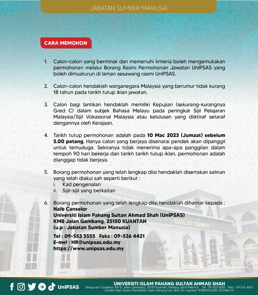 UNIPSASofficial's tweet photo. JAWATAN KOSONG
Universiti Islam Pahang Sultan Ahmad Shah (UnIPSAS)

Pensyarah Setara Gred DM45
- Bidang Pendidikan Awal Kanak-Kanak _(Dua kekosongan)_
- Bidang Undang-Undang _(1 kekosongan)_

Untuk maklumat lanjut, boleh layari pautan berikut

https://t.co/e4Xzzz3U8F https://t.co/EpajJVnxgH