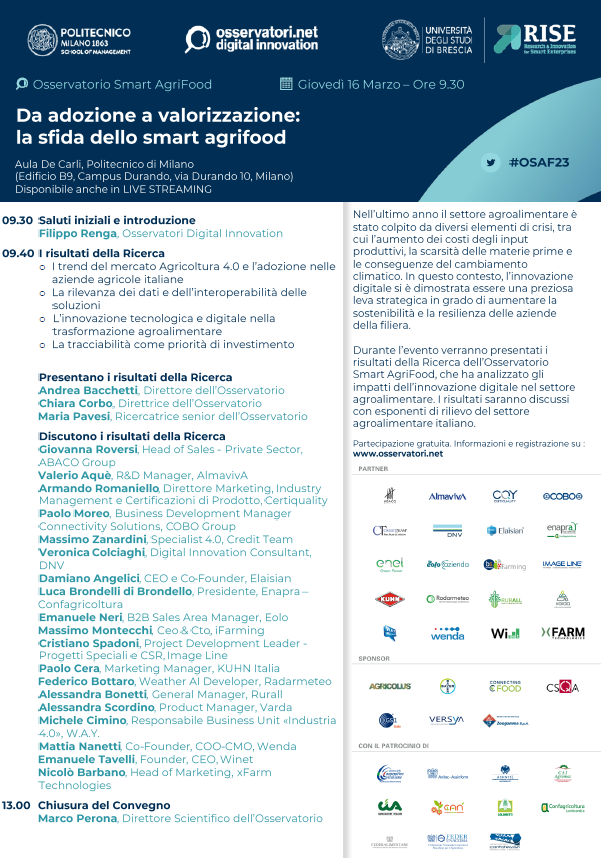 📢  Da 𝐚𝐝𝐨𝐳𝐢𝐨𝐧𝐞 a 𝐯𝐚𝐥𝐨𝐫𝐢𝐳𝐳𝐚𝐳𝐢𝐨𝐧𝐞: la sfida dello smart #agrifood

📆 Giovedì 16 marzo dalle 9.30 vi aspettiamo per il Convegno 2023 dell’𝐎𝐬𝐬𝐞𝐫𝐯𝐚𝐭𝐨𝐫𝐢𝐨 𝐒𝐦𝐚𝐫𝐭 𝐀𝐠𝐫𝐢𝐅𝐨𝐨𝐝
 
Per iscriversi ➡️lnkd.in/dcR-H6Kf