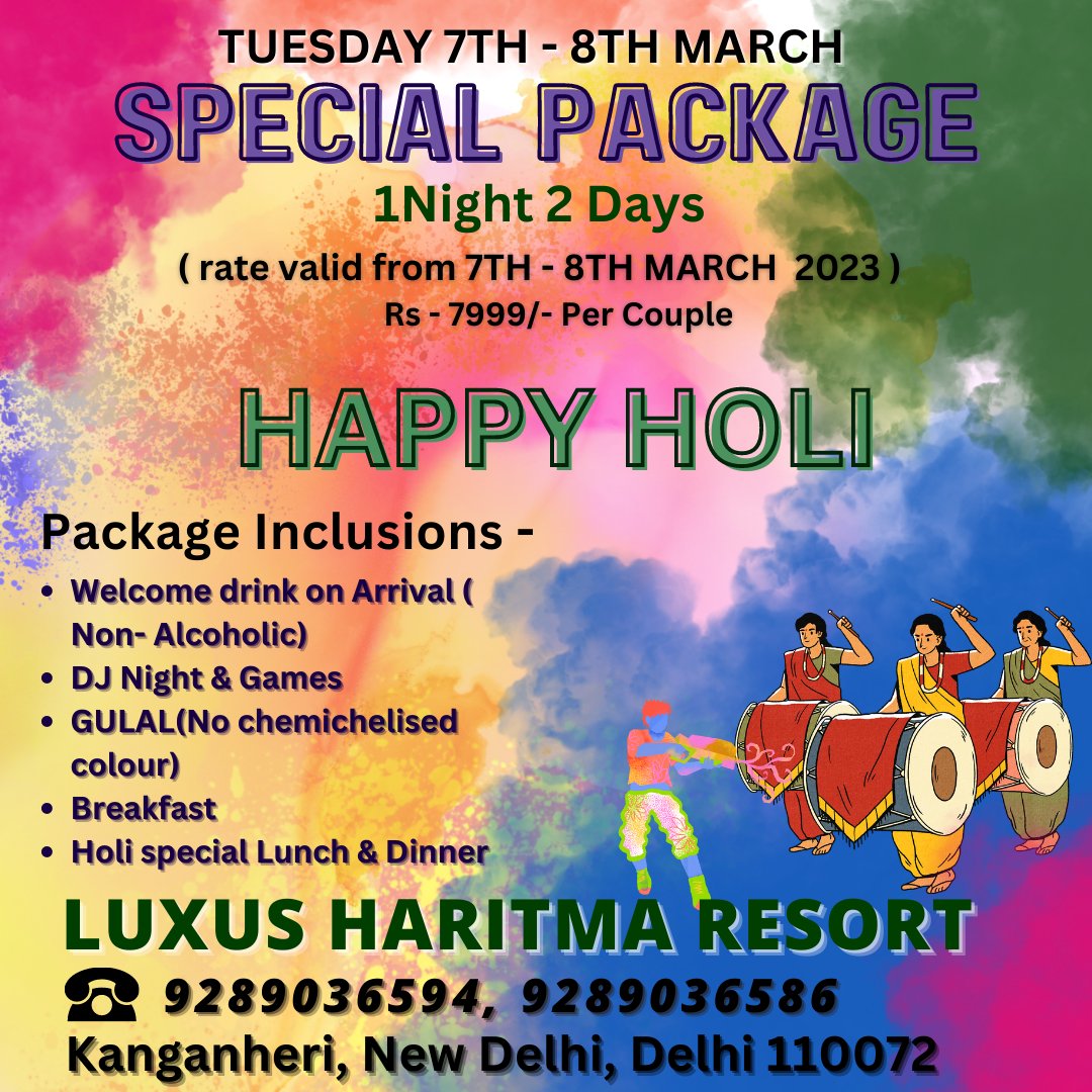 LuxusResort's tweet photo. Luxus Haritma Resort
Holi Special Package (2023)
Hotel Facilities
Luxurious rooms
Restaurant
Swimming Pool
Adventure activities
Wedding Lawn
Banquet Hall
Kanganheri, New Delhi
Reach us at 9289036586, 9289036594
reservations@theluxushotels.com
https://t.co/bo2vvDsOoV
#delhigram https://t.co/IlnRO6Igiv