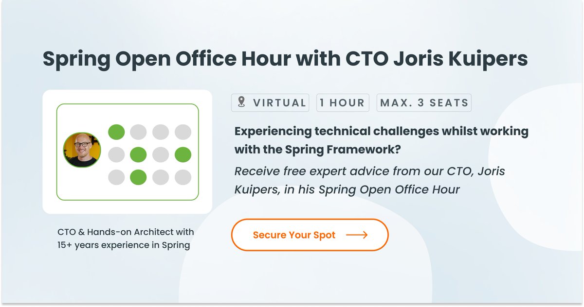 Trifork Amsterdam (@triforkams) on Twitter photo With over 15+ years working with the Spring Framework, our CTO <a href="/jkuipers/">Joris Kuipers</a> knows a thing or two about Spring.
If you’re experiencing any technical challenges make sure to stop by his first virtual Spring Open Office Hour session next Monday at 1pm.
👉 info.trifork.com/spring-open-of… With over 15+ years working with the Spring Framework, our CTO <a href="/jkuipers/">Joris Kuipers</a> knows a thing or two about Spring.
If you’re experiencing any technical challenges make sure to stop by his first virtual Spring Open Office Hour session next Monday at 1pm.
👉 info.trifork.com/spring-open-of…