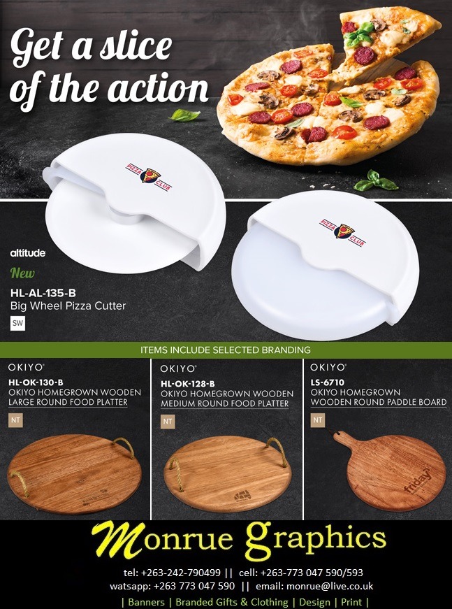 mongraphics's tweet image. New Product Alert | Big Wheel Pizza Cutter
Get a slice of the action!
Also introducing our range of wooden platter boards.
Min order units apply.
Terms &amp;amp; conditions apply.
Call or Watsapp on +263 773 047 590 or email monrue@live.co.uk 
#branded gifts
#promotional gifts
#branding