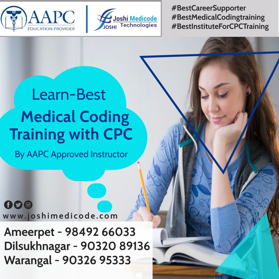 joshimedicode's tweet image. #bestmedicalcodingacademy
Comprehensive Medical coding CPC training By AAPC Approved Instructor @ Leading Medical Coding Academy "Joshi Medicode Technologies", Ameerpet, Dilsukhnagar & Warangal.
9849266033 / 9032759395 / 9032089136 / 9032695333
web enquiry joshimedicode.com