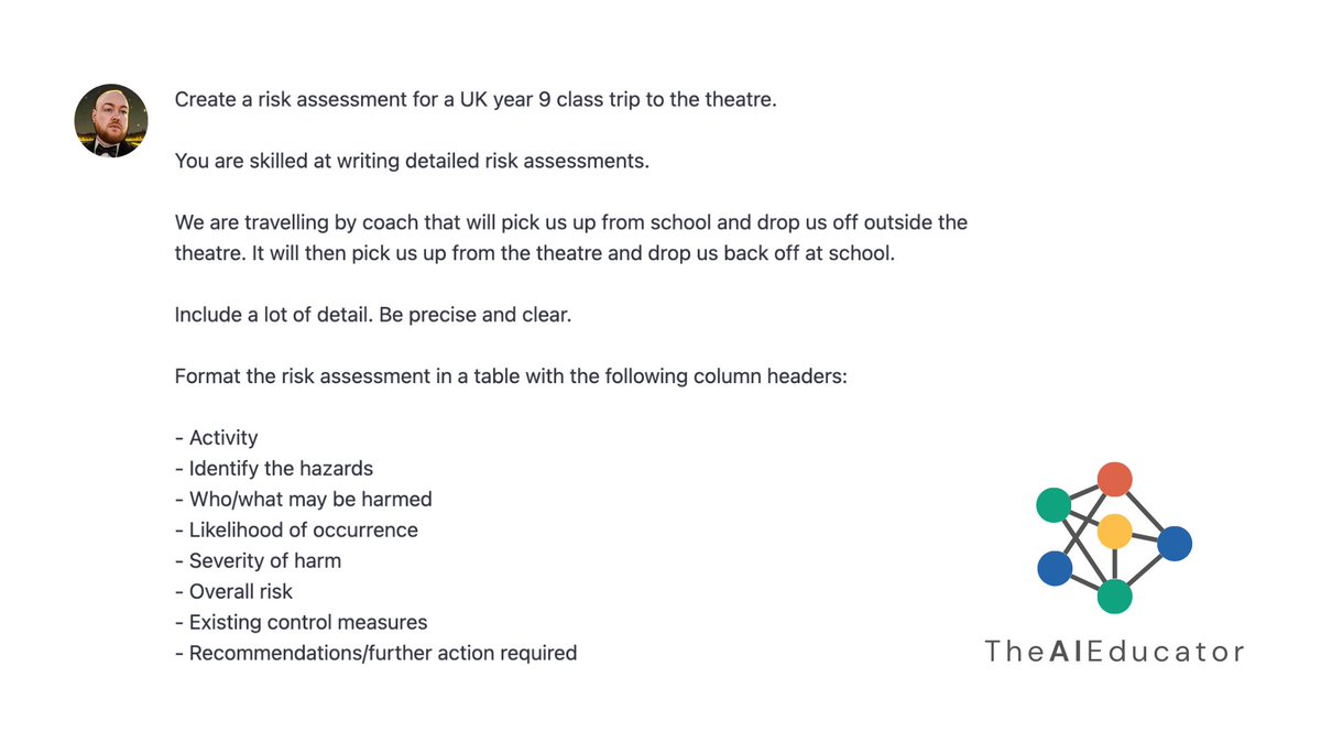 theaieducatorx's tweet image. Those pesky risk assessments.

No more.

ChatGPT x Risk Assessments = 🚌 ✈️

Here&apos;s my prompt in the image. 

Up next is a video of the result.

#AIclassroom