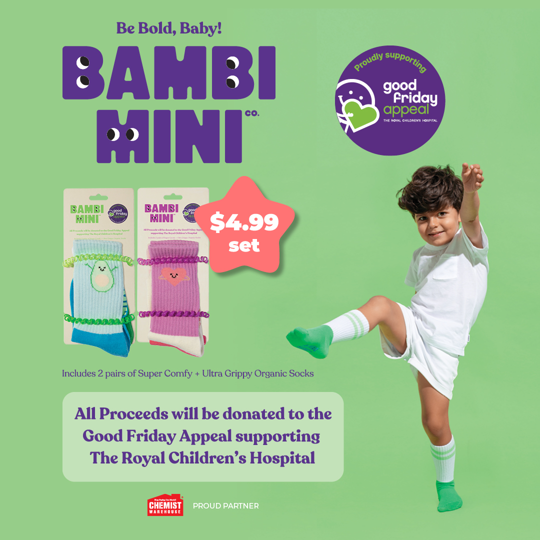 ChemistWhouse's tweet photo. Be bold, baby! Shop Bambi Mini socks and all proceeds will be donated to the Good Friday Appeal supporting The Royal Children's Hospital ❤️

The sock sets are only $4.99 and include 2 pairs of Super Comfy + Ultra Grippy organic socks! > https://t.co/Dj85QiBpLO https://t.co/805xS2l5ZA