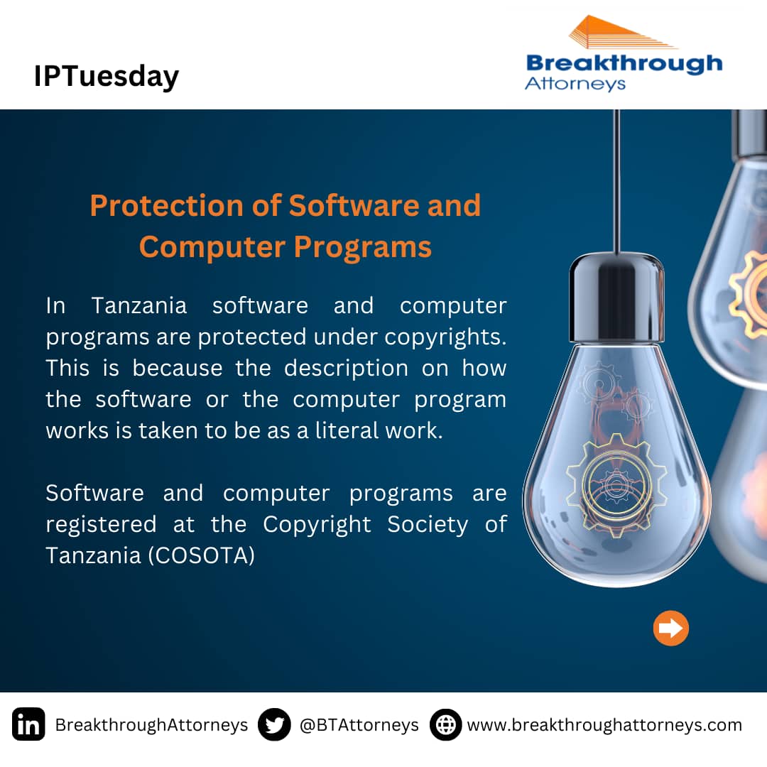 BTAttorneys's tweet image. Today in #IPTUESDAY,  we have shed some light on the protection of software and computer programs in Tanzania. 

For more information reach out to us at info@breakthroughattorneys.com  

#IPTUESDAY #intellectualproperty #Breakthroughattorneys
