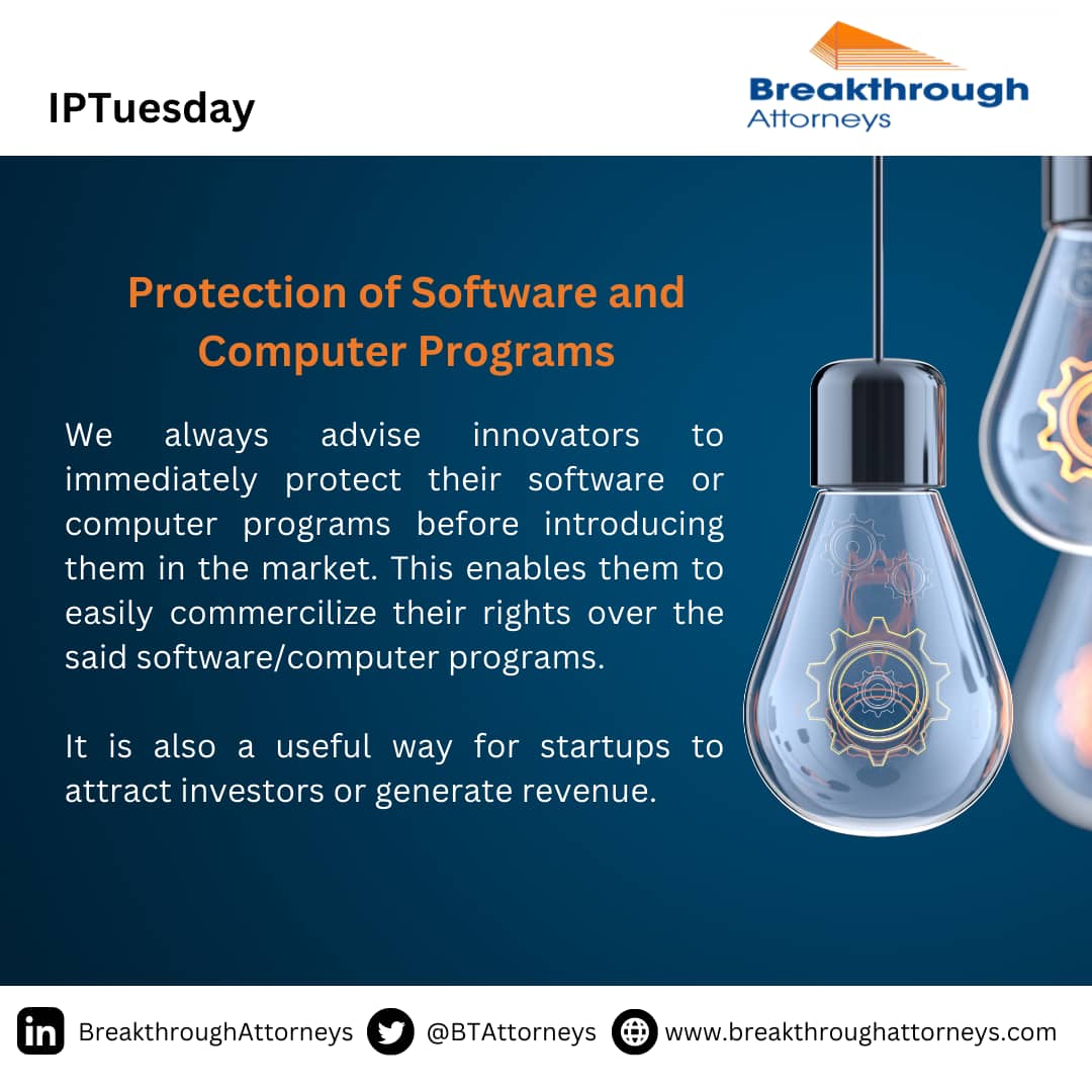 BTAttorneys's tweet image. Today in #IPTUESDAY,  we have shed some light on the protection of software and computer programs in Tanzania. 

For more information reach out to us at info@breakthroughattorneys.com  

#IPTUESDAY #intellectualproperty #Breakthroughattorneys