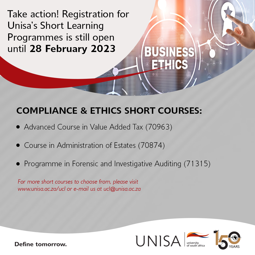 unisa's tweet photo. We offer short courses in compliance, ethics & other related courses. Register online https://t.co/dTVOJEUuAC
#UnisaSLP https://t.co/V541CUjbGI