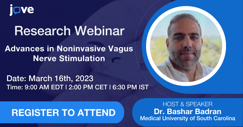 JoVEJournal's tweet photo. Join the JoVE webinar to learn about an emerging neuromodulatory technique called Transcutaneous Auricular Vagus Nerve Stimulation (taVNS).

Register now to interact with our speaker Dr. Bashar Badran, Assistant Professor at the University of South Carolina.