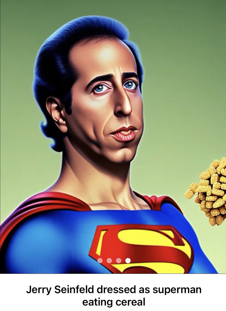 superteachermen's tweet photo. Jerry Seinfeld dressed as superman eating cereal. #aiart @get_starryai #seinfeld https://t.co/h5wY9QDh09