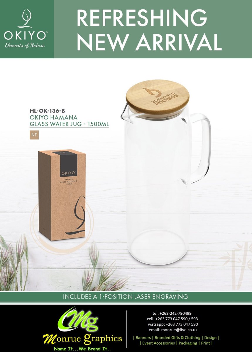 mongraphics's tweet image. Okiyo | New Hamana Glass Water Jug
The combination of clean and clear glass, with fresh, natural bamboo is both aesthetically pleasing and practical and should make a refreshing addition to your workspace or dining table.

Call or Watsapp on +263 773 047 590