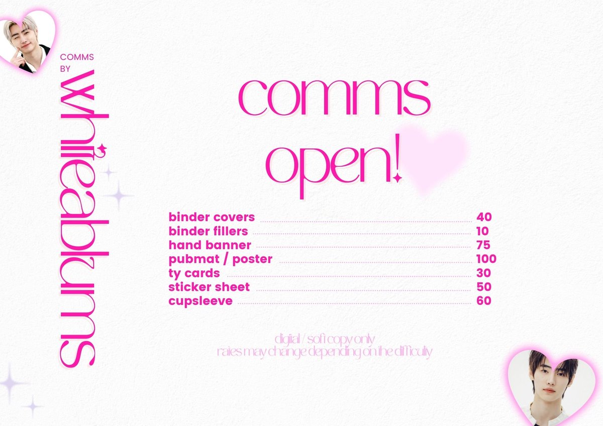 whiteablums's tweet photo. ꒰ wts lfb kpop graphic designs commissions ph ꒱ 

• banners, pubmats, binder covers, etc
• starts @ 40

additional fees if rush!
dm if inch! 

## enhypen nct twice xdh golcha wayv txt cupsleeve hand banner pubmat poster ty cards stickers twice filler cover comms edit https://t.co/99zmFQ0wfu